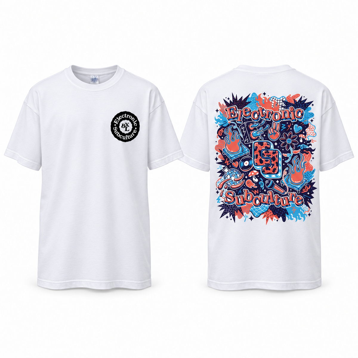 White Electronic Subculture BXL T-shirt with blue, coral and navy back print, front and back