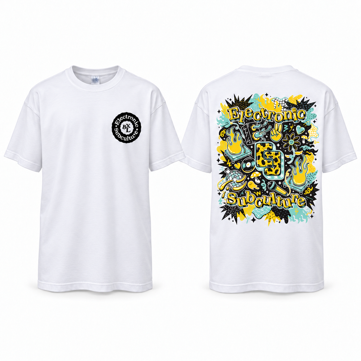 White Electronic Subculture BXL T-shirt with yellow, mint and black back print, front and back