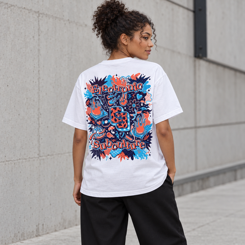 Model wearing the white BXL T-shirt with blue, coral and navy Electronic Subculture back artwork