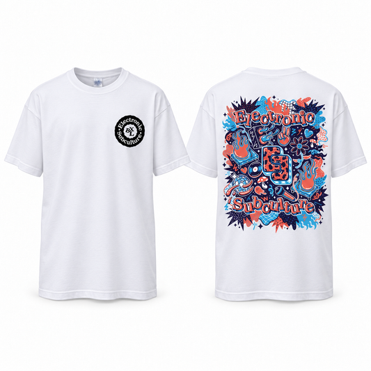 White Electronic Subculture BXL T-shirt with blue, coral and navy back print, front and back