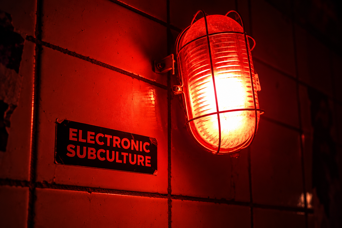 Red caged club light beside an Electronic Subculture sticker