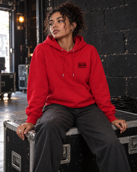 Red Electronic Subculture hoodie worn backstage