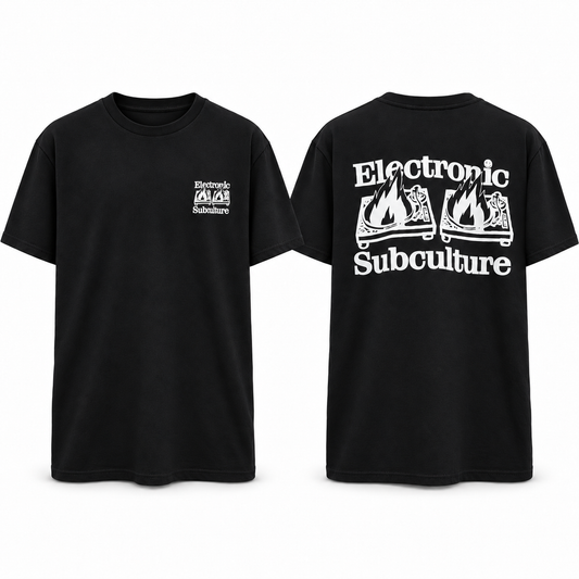 Black Electronic Subculture Decks on Fire T-shirt, front and back