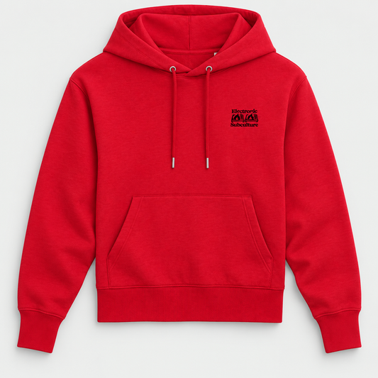 Electronic Subculture red hoodie, front view